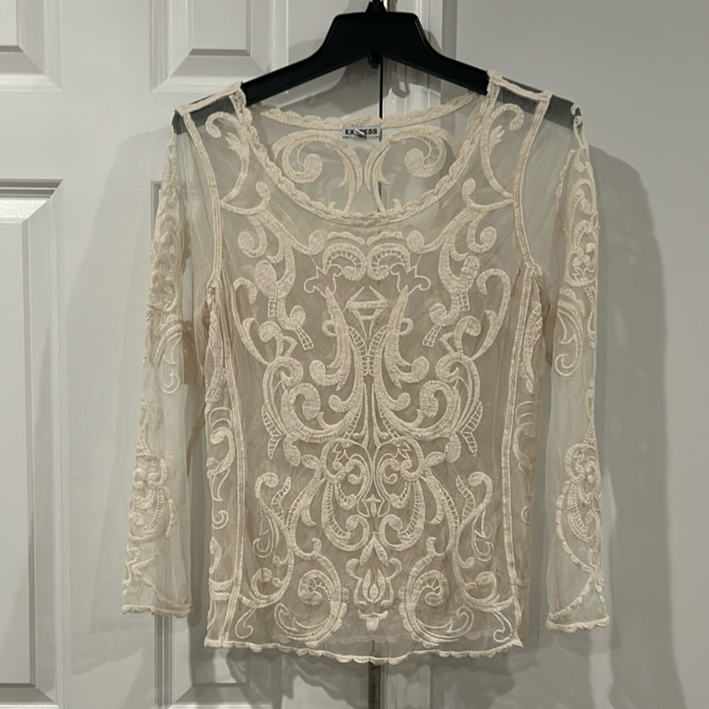Express Lace Sheer Mesh Boho Top With Swirl Design Ivory